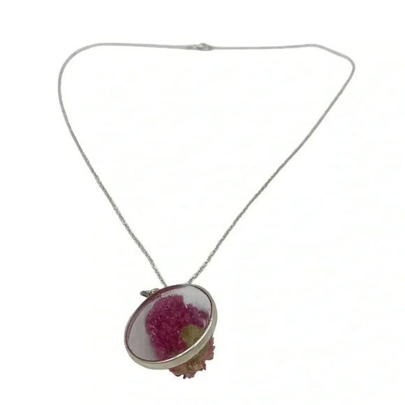 Floral Preservation Art-to-Wear Statement Necklace Gomphrena Resin Pendant 24" - Picture 4 of 5